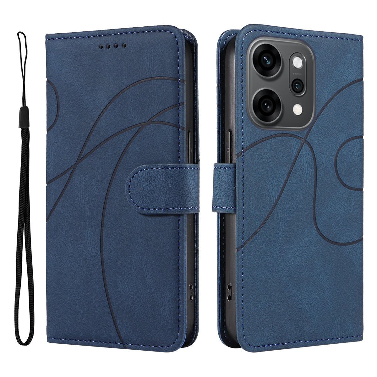 For Oppo Reno14 Pro 5G (China) / Oppo Reno14 Pro 5G (Global) Wallet Case Leather Phone Cover Stand with Curved Line Design - Blue