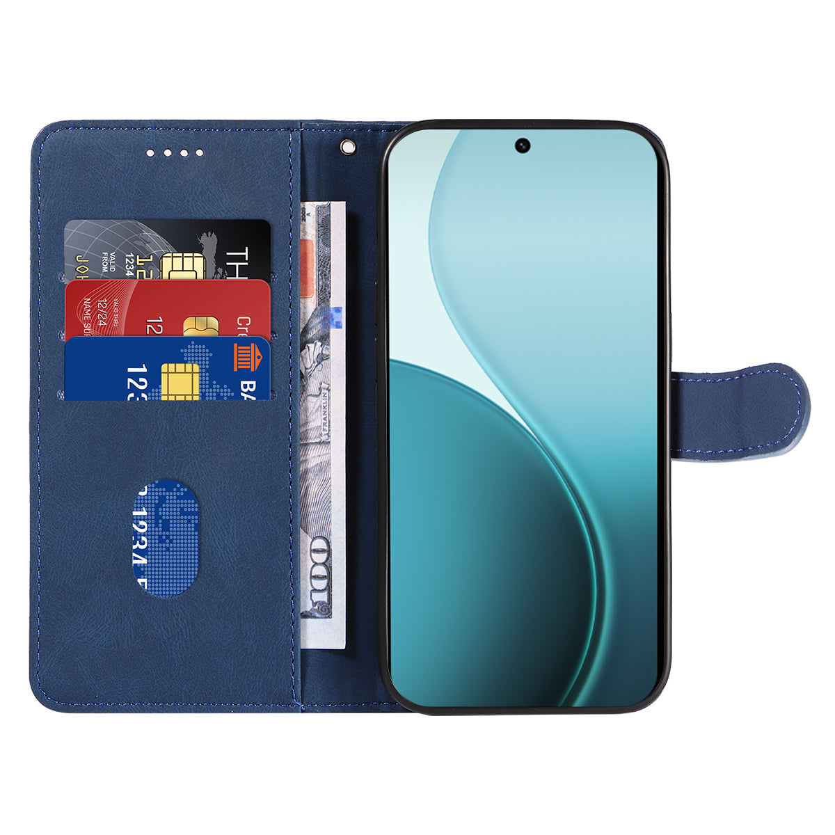 For Oppo Reno14 Pro 5G (China) / Oppo Reno14 Pro 5G (Global) Wallet Case Leather Phone Cover Stand with Curved Line Design - Blue