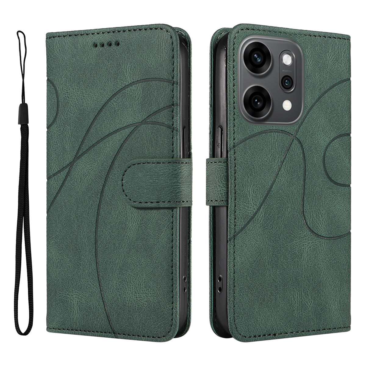 For Oppo Reno14 Pro 5G (China) / Oppo Reno14 Pro 5G (Global) Wallet Case Leather Phone Cover Stand with Curved Line Design - Green
