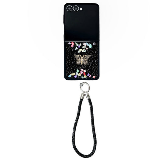 For Samsung Galaxy Z Flip7 5G Phone Case with Hand Strap Colorful Rhinestone Butterfly Decor PC Mobile Cover - Black