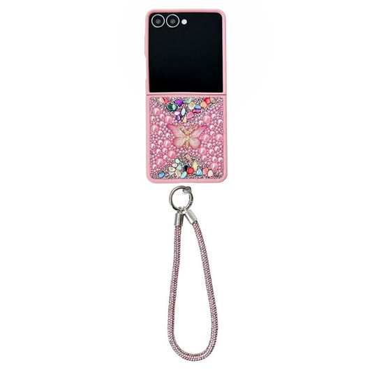 For Samsung Galaxy Z Flip7 5G Phone Case with Hand Strap Colorful Rhinestone Butterfly Decor PC Mobile Cover - Pink