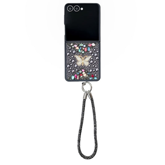 For Samsung Galaxy Z Flip7 5G Phone Case with Hand Strap Colorful Rhinestone Butterfly Decor PC Mobile Cover - Grey