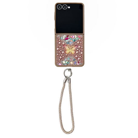 For Samsung Galaxy Z Flip7 5G Phone Case with Hand Strap Colorful Rhinestone Butterfly Decor PC Mobile Cover - Gold