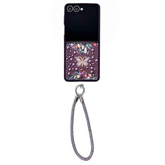For Samsung Galaxy Z Flip7 5G Phone Case with Hand Strap Colorful Rhinestone Butterfly Decor PC Mobile Cover - Purple