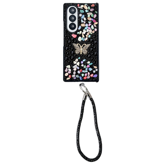 For Samsung Galaxy Z Fold7 5G Phone Case with Hand Strap Colorful Rhinestone Butterfly Decor PC Mobile Cover - Black
