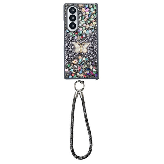 For Samsung Galaxy Z Fold7 5G Phone Case with Hand Strap Colorful Rhinestone Butterfly Decor PC Mobile Cover - Grey
