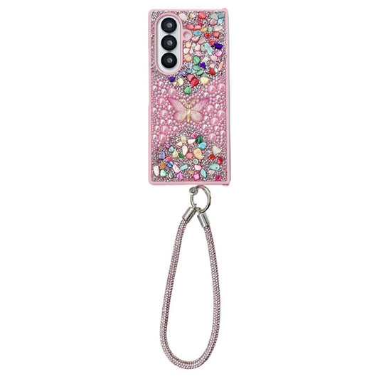 For Samsung Galaxy Z Fold7 5G Phone Case with Hand Strap Colorful Rhinestone Butterfly Decor PC Mobile Cover - Pink