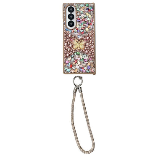 For Samsung Galaxy Z Fold7 5G Phone Case with Hand Strap Colorful Rhinestone Butterfly Decor PC Mobile Cover - Gold