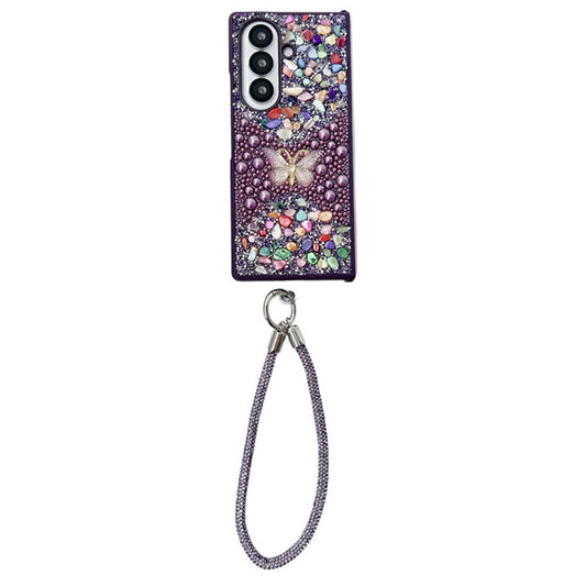 For Samsung Galaxy Z Fold7 5G Phone Case with Hand Strap Colorful Rhinestone Butterfly Decor PC Mobile Cover - Purple
