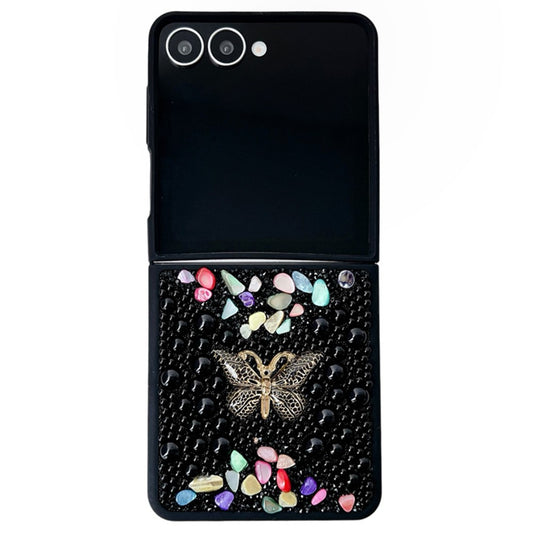 For Samsung Galaxy Z Flip7 5G PC Phone Case Colorful Rhinestone Butterfly Decor Mobile Cover - Black