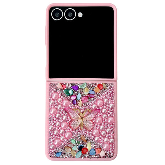 For Samsung Galaxy Z Flip7 5G PC Phone Case Colorful Rhinestone Butterfly Decor Mobile Cover - Pink