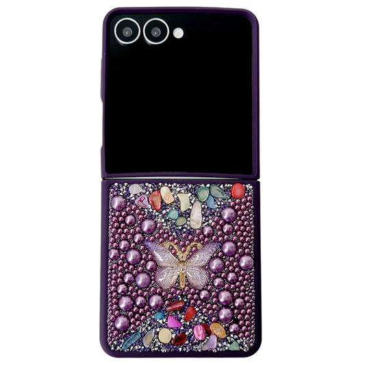 For Samsung Galaxy Z Flip7 5G PC Phone Case Colorful Rhinestone Butterfly Decor Mobile Cover - Purple