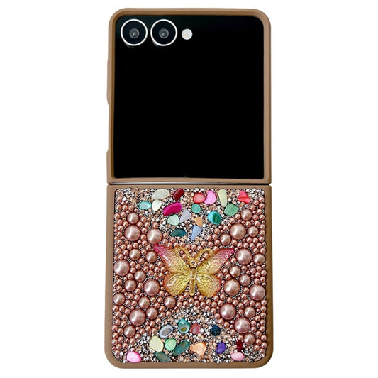 For Samsung Galaxy Z Flip7 5G PC Phone Case Colorful Rhinestone Butterfly Decor Mobile Cover - Gold