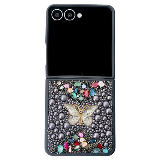 For Samsung Galaxy Z Flip7 5G PC Phone Case Colorful Rhinestone Butterfly Decor Mobile Cover - Grey