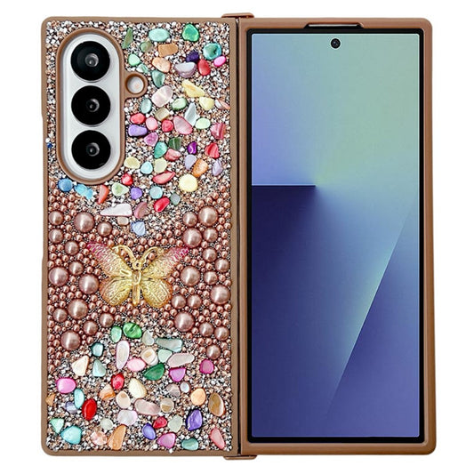 For Samsung Galaxy Z Fold7 5G PC Phone Case Colorful Rhinestone Butterfly Decor Mobile Cover - Gold