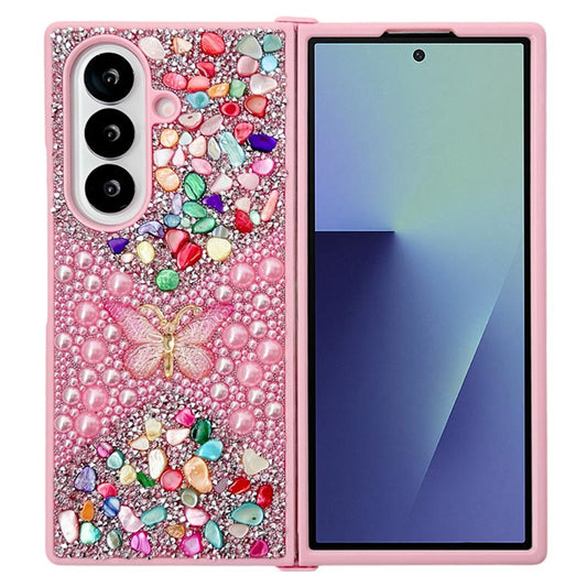 For Samsung Galaxy Z Fold7 5G PC Phone Case Colorful Rhinestone Butterfly Decor Mobile Cover - Pink