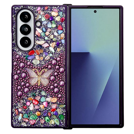 For Samsung Galaxy Z Fold7 5G PC Phone Case Colorful Rhinestone Butterfly Decor Mobile Cover - Purple