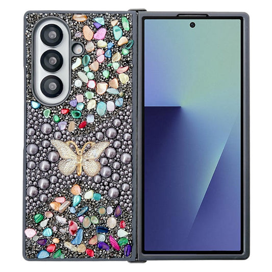 For Samsung Galaxy Z Fold7 5G PC Phone Case Colorful Rhinestone Butterfly Decor Mobile Cover - Grey
