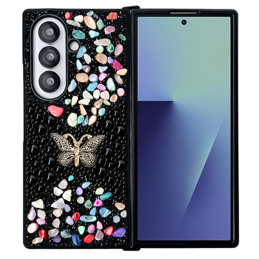 For Samsung Galaxy Z Fold7 5G PC Phone Case Colorful Rhinestone Butterfly Decor Mobile Cover - Black