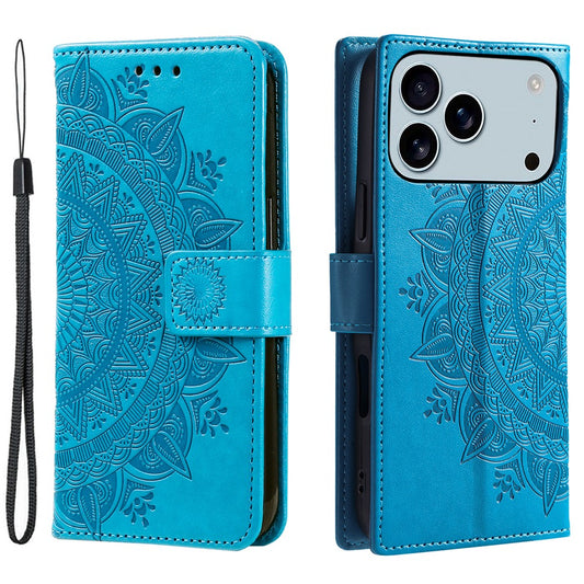 For iPhone 17 Pro Max Stand Case Imprinted Totem PU Leather Wallet Phone Cover with Wrist Strap - Blue