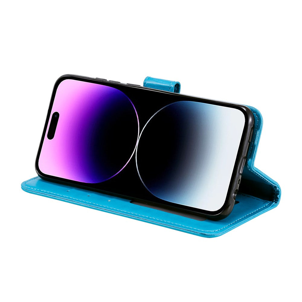 For iPhone 17 Pro Max Stand Case Imprinted Totem PU Leather Wallet Phone Cover with Wrist Strap - Blue