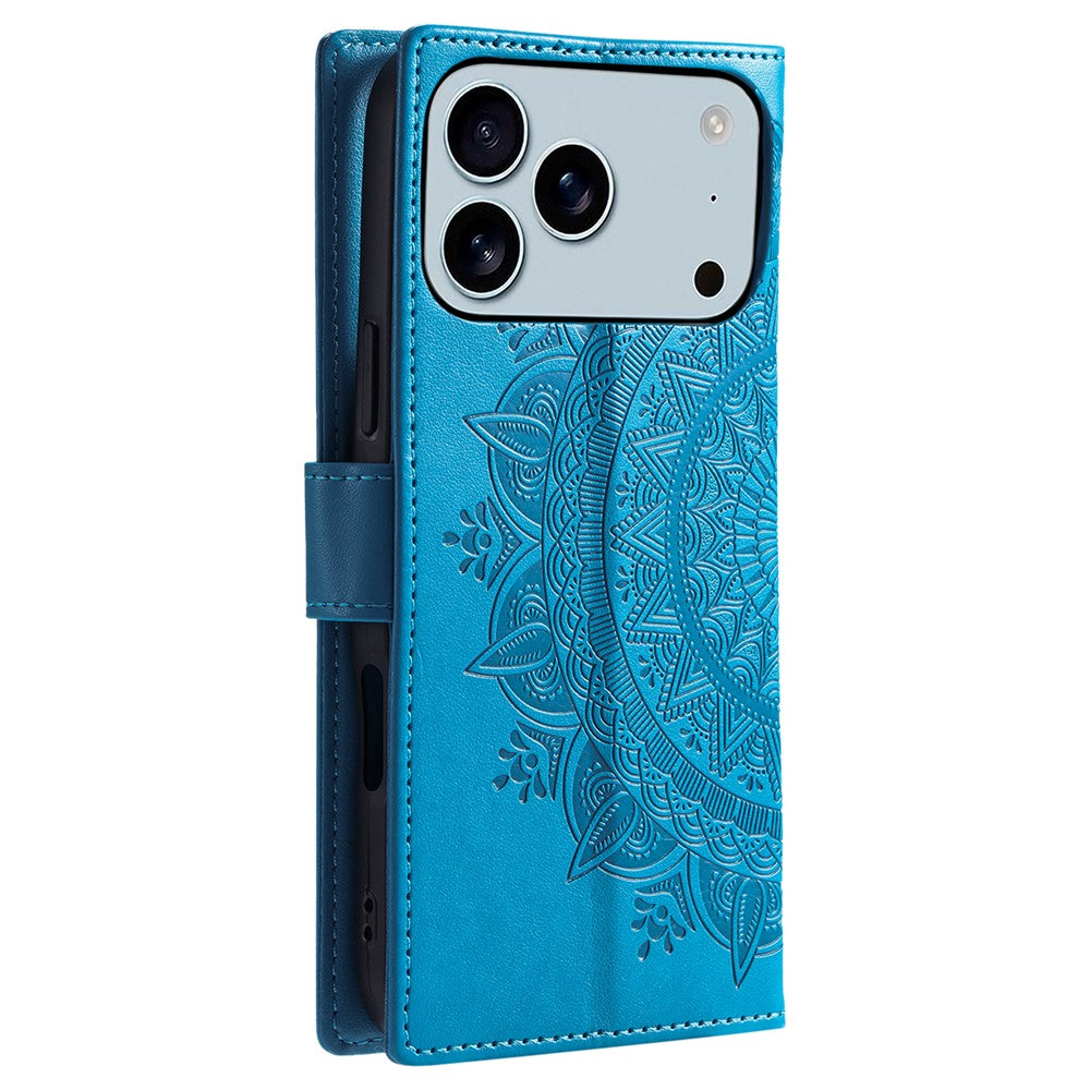 For iPhone 17 Pro Max Stand Case Imprinted Totem PU Leather Wallet Phone Cover with Wrist Strap - Blue