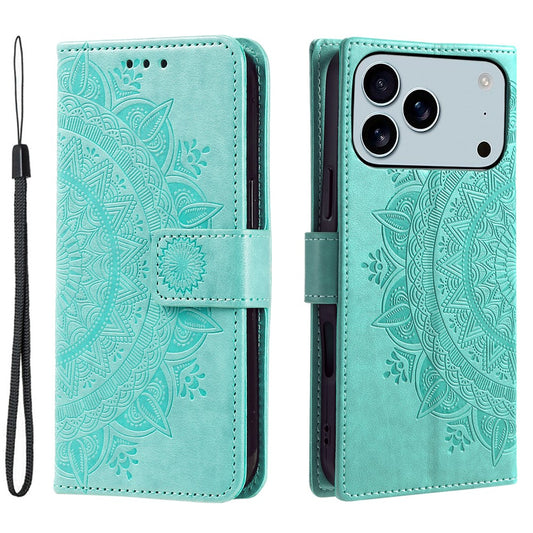 For iPhone 17 Pro Max Stand Case Imprinted Totem PU Leather Wallet Phone Cover with Wrist Strap - Mint Green