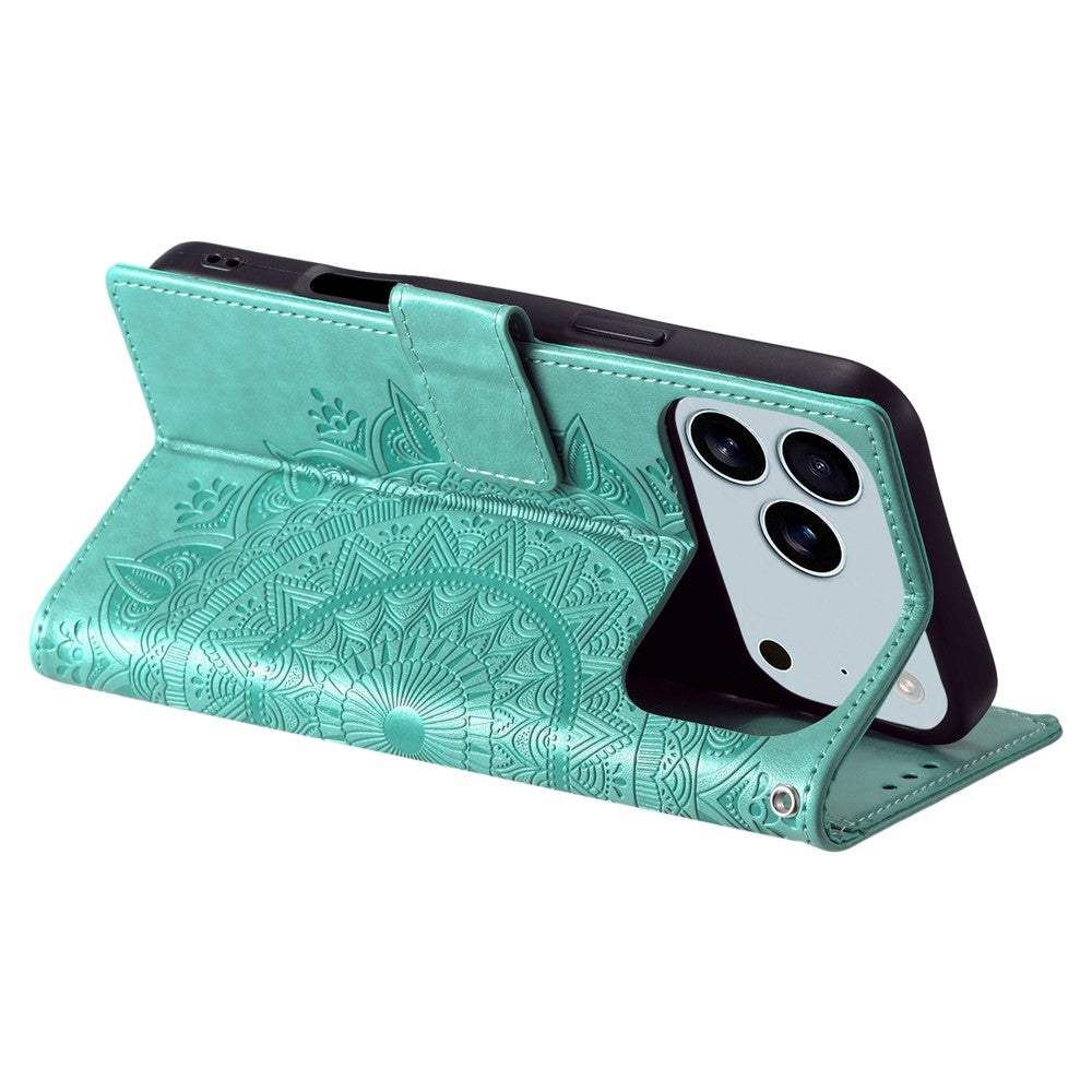 For iPhone 17 Pro Max Stand Case Imprinted Totem PU Leather Wallet Phone Cover with Wrist Strap - Mint Green