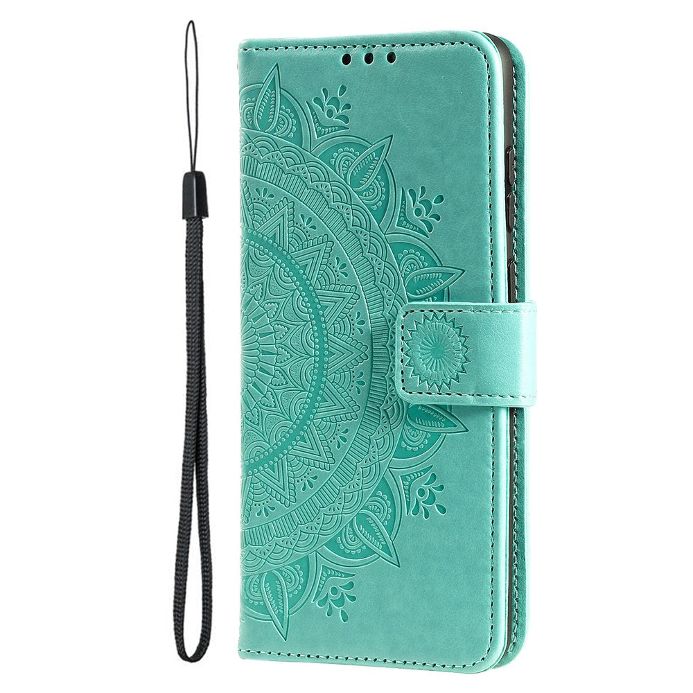 For iPhone 17 Pro Max Stand Case Imprinted Totem PU Leather Wallet Phone Cover with Wrist Strap - Mint Green