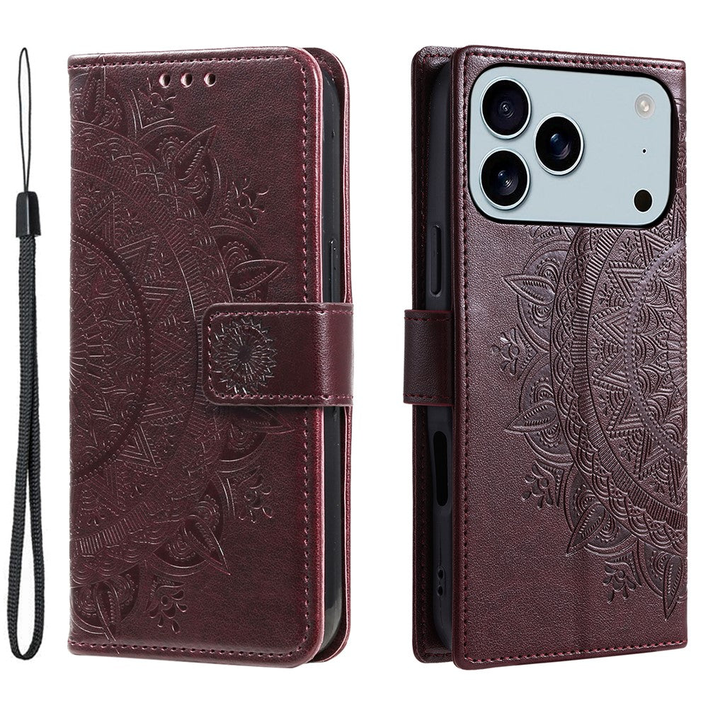 For iPhone 17 Pro Max Stand Case Imprinted Totem PU Leather Wallet Phone Cover with Wrist Strap - Brown