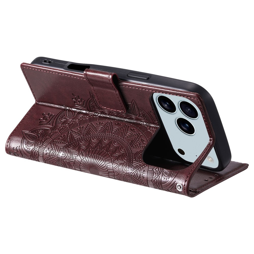 For iPhone 17 Pro Max Stand Case Imprinted Totem PU Leather Wallet Phone Cover with Wrist Strap - Brown