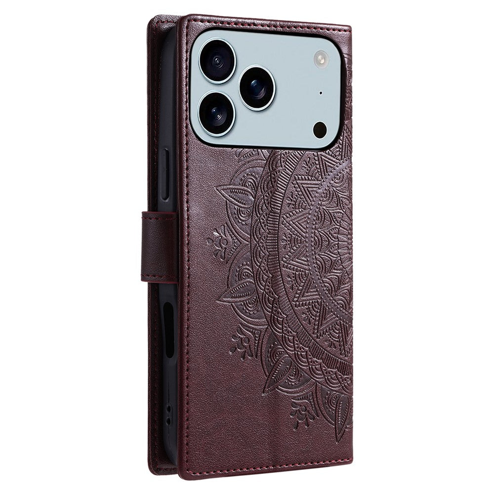 For iPhone 17 Pro Max Stand Case Imprinted Totem PU Leather Wallet Phone Cover with Wrist Strap - Brown