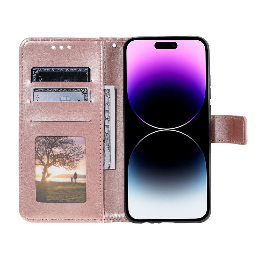 For iPhone 17 Pro Max Stand Case Imprinted Totem PU Leather Wallet Phone Cover with Wrist Strap - Rose Gold