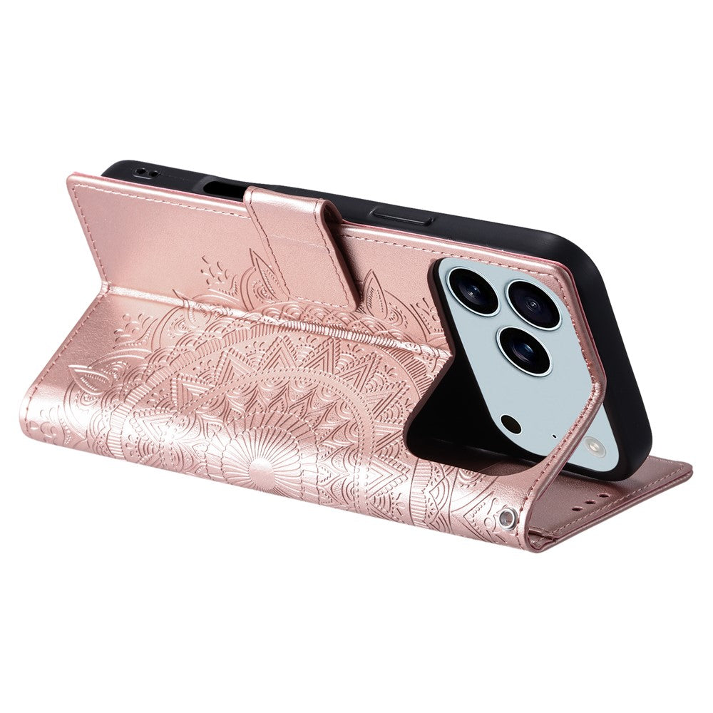 For iPhone 17 Pro Max Stand Case Imprinted Totem PU Leather Wallet Phone Cover with Wrist Strap - Rose Gold
