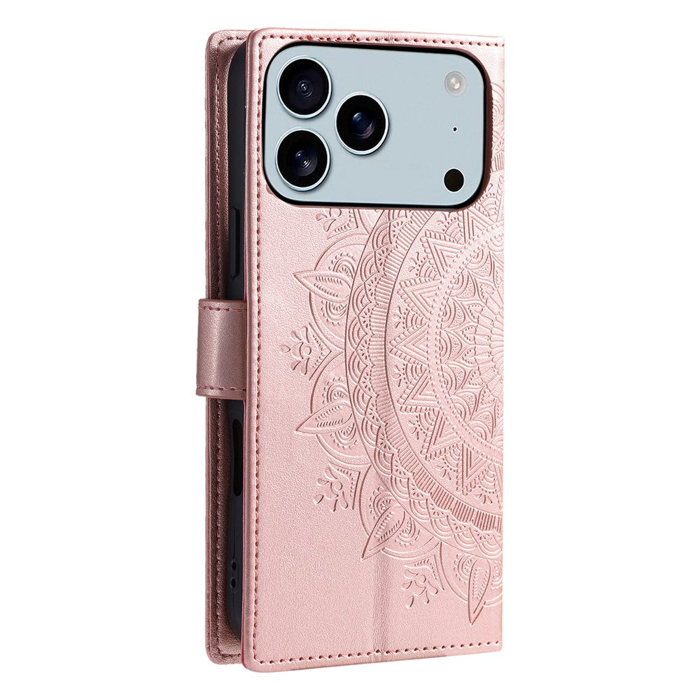 For iPhone 17 Pro Max Stand Case Imprinted Totem PU Leather Wallet Phone Cover with Wrist Strap - Rose Gold