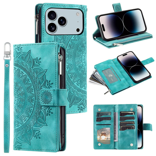 For iPhone 17 Pro Max Wallet Case Mandala Flower Pattern PU Leather Phone Cover with Wrist Strap - Mint Green
