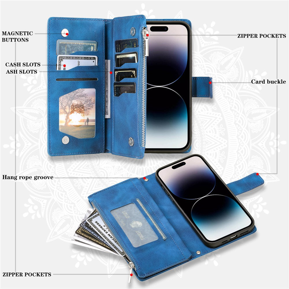 For iPhone 17 Pro Max Wallet Case Mandala Flower Pattern PU Leather Phone Cover with Wrist Strap - Blue