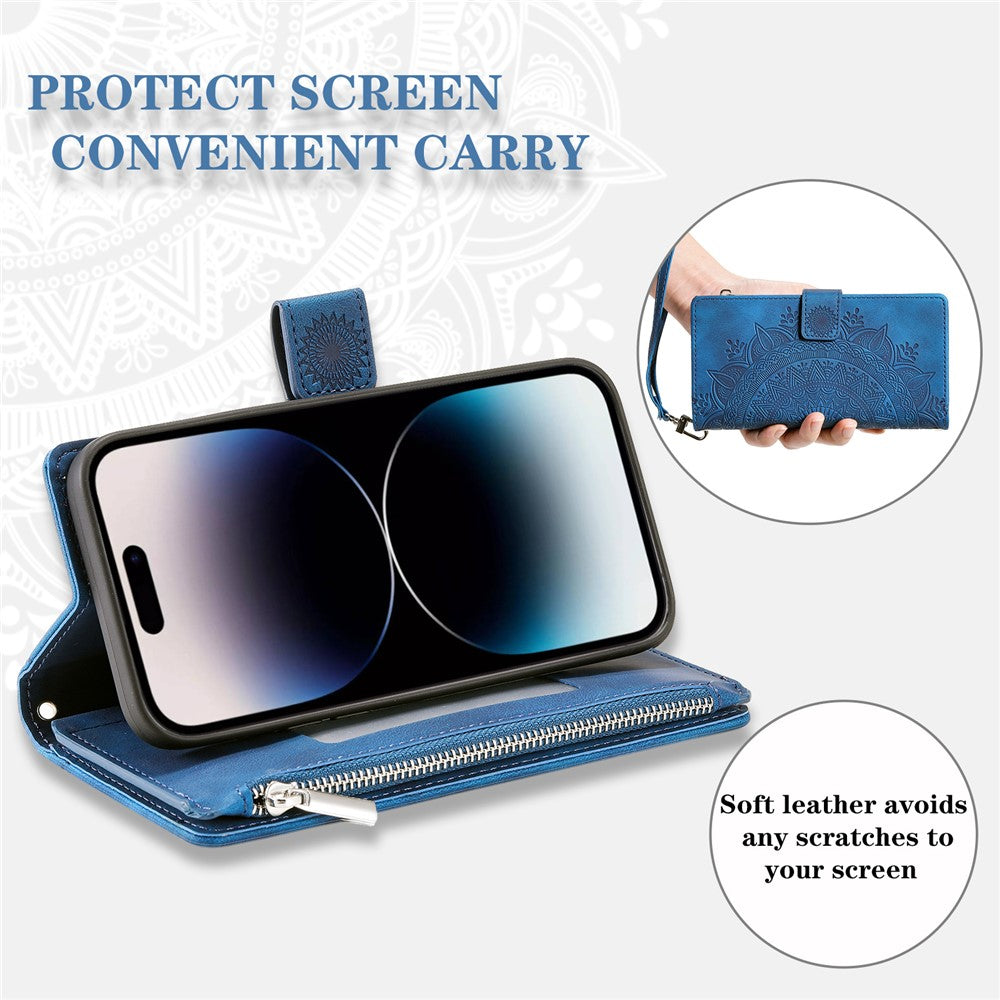 For iPhone 17 Pro Max Wallet Case Mandala Flower Pattern PU Leather Phone Cover with Wrist Strap - Blue