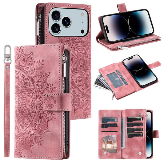 For iPhone 17 Pro Max Wallet Case Mandala Flower Pattern PU Leather Phone Cover with Wrist Strap - Rose Gold