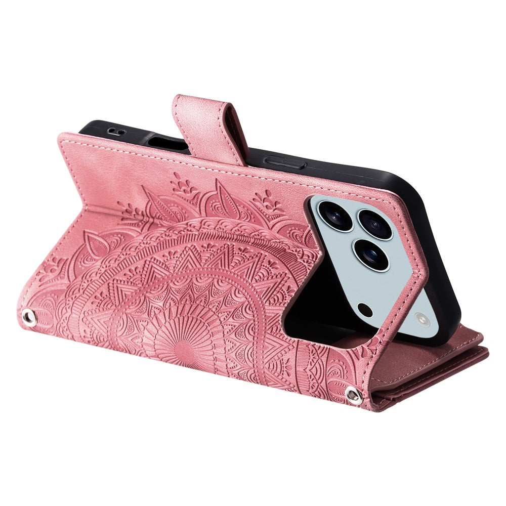 For iPhone 17 Pro Max Wallet Case Mandala Flower Pattern PU Leather Phone Cover with Wrist Strap - Rose Gold
