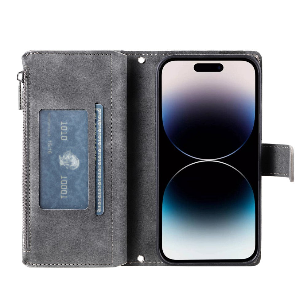 For iPhone 17 Pro Max Wallet Case Mandala Flower Pattern PU Leather Phone Cover with Wrist Strap - Grey