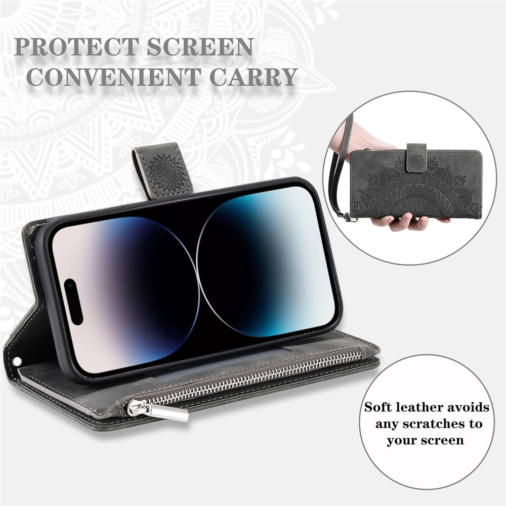 For iPhone 17 Pro Max Wallet Case Mandala Flower Pattern PU Leather Phone Cover with Wrist Strap - Grey