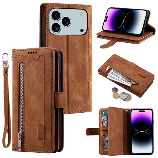 For iPhone 17 Pro Max Case 9 Card Slots Zipper Wallet PU Leather Phone Cover with Wrist Strap - Brown