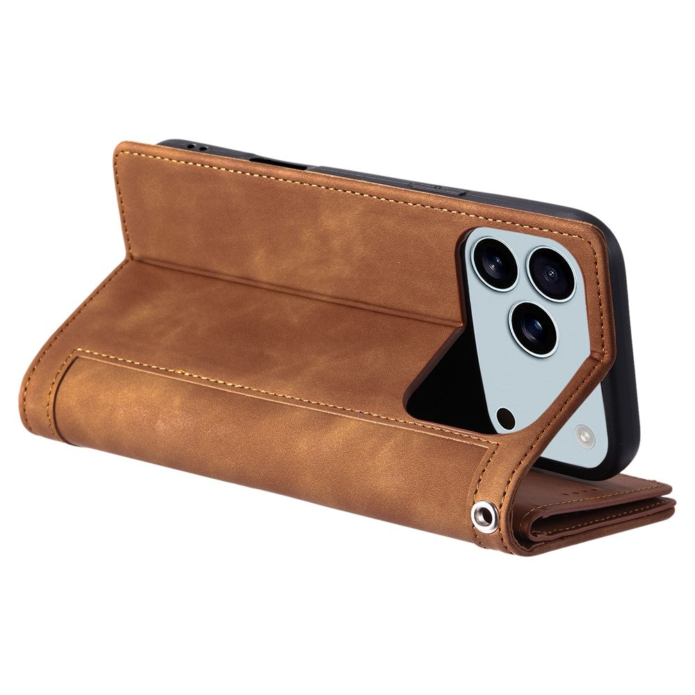 For iPhone 17 Pro Max Case 9 Card Slots Zipper Wallet PU Leather Phone Cover with Wrist Strap - Brown