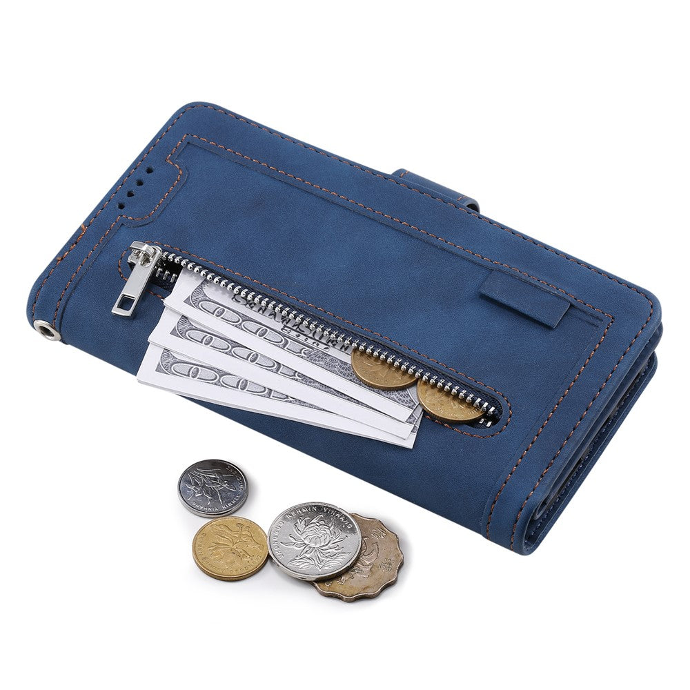 For iPhone 17 Pro Max Case 9 Card Slots Zipper Wallet PU Leather Phone Cover with Wrist Strap - Blue