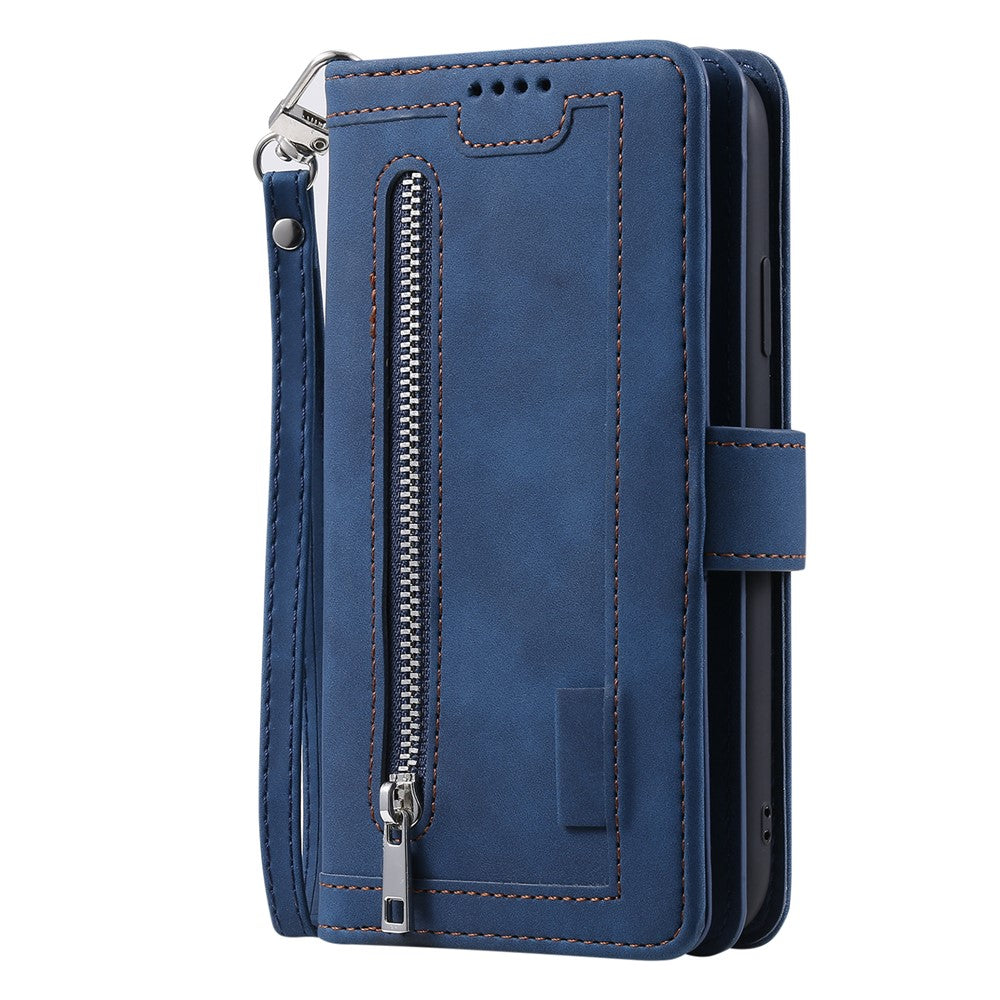 For iPhone 17 Pro Max Case 9 Card Slots Zipper Wallet PU Leather Phone Cover with Wrist Strap - Blue