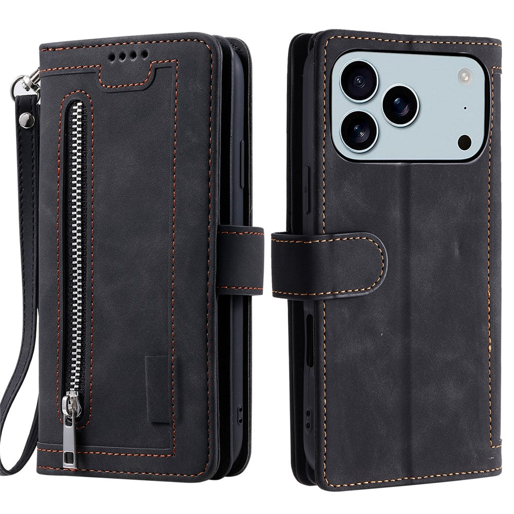 For iPhone 17 Pro Max Case 9 Card Slots Zipper Wallet PU Leather Phone Cover with Wrist Strap - Black