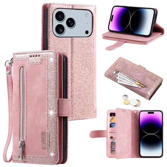 For iPhone 17 Pro Max Case 9 Card Slots Zipper Wallet PU Leather Phone Cover with Wrist Strap - Rose Gold