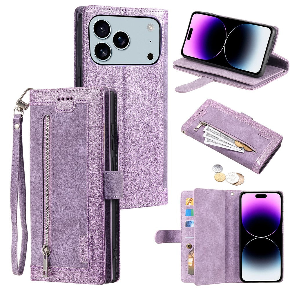 For iPhone 17 Pro Max Case 9 Card Slots Zipper Wallet PU Leather Phone Cover with Wrist Strap - Purple