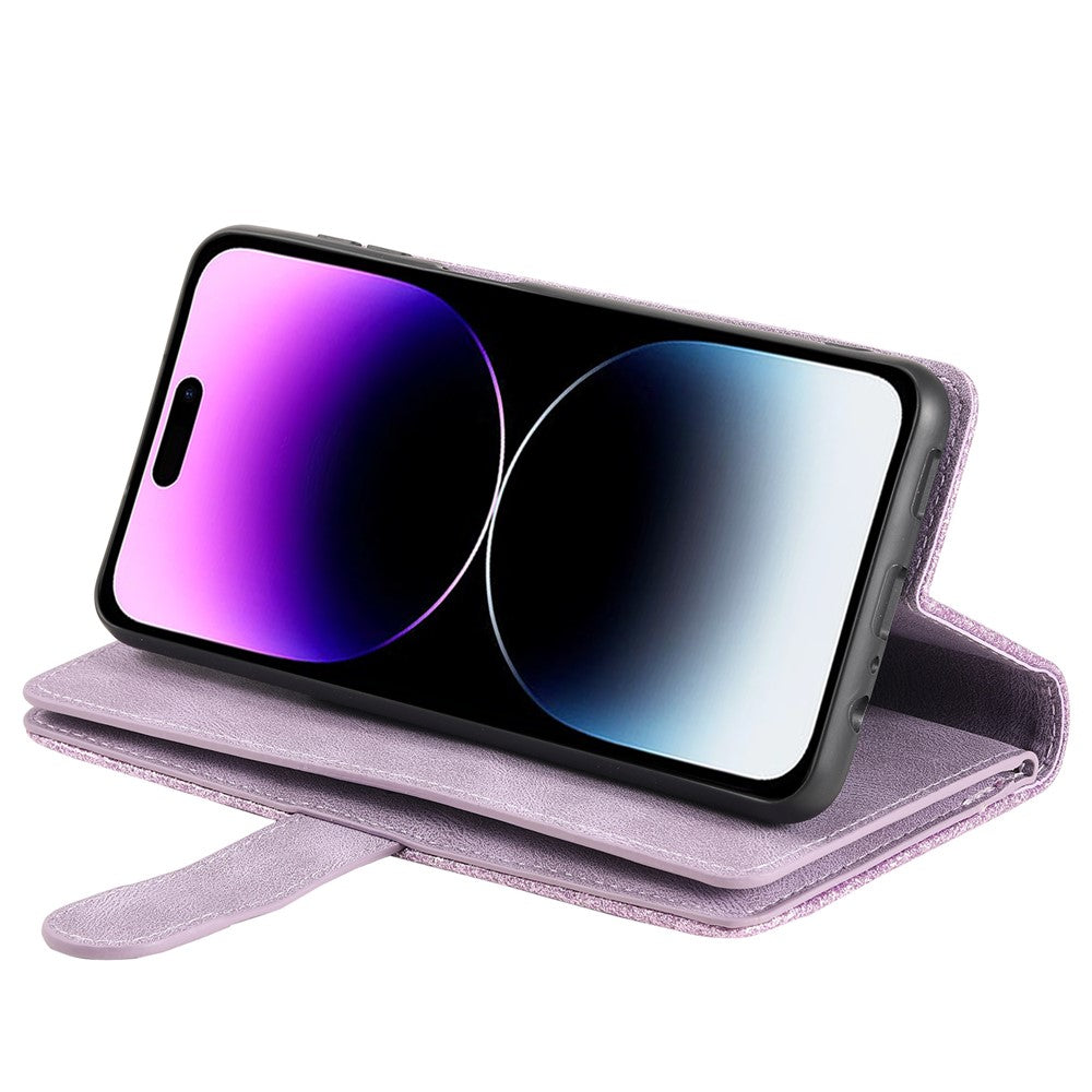 For iPhone 17 Pro Max Case 9 Card Slots Zipper Wallet PU Leather Phone Cover with Wrist Strap - Purple